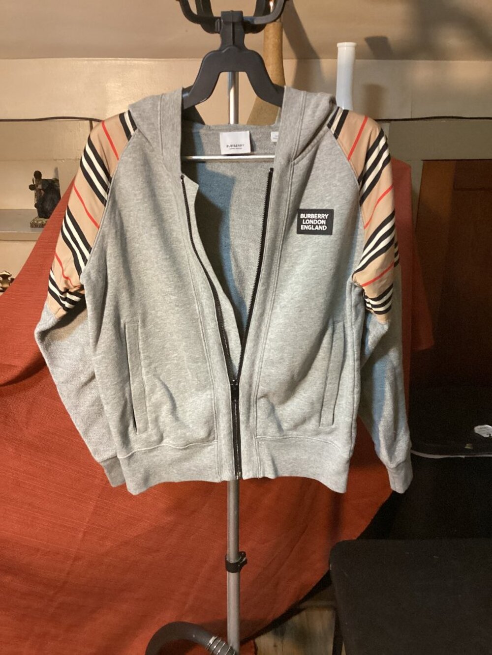 Burberry Kids Vintage Check Sleeve Zip Up Hoodie Gray Size 12Y 152cm Authentic